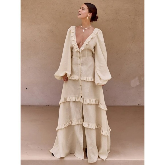 Commense Cotton & Linen Ruffled Maxi Dress Long‎ Sleeve Button Boho Bohemian S - Picture 4 of 4